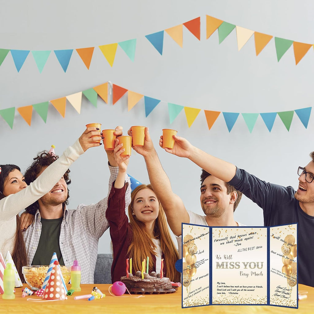 DARUNAXY Blue Gold Farewell Party Decorations, We Will Miss You Very Much Alternative Signature Guest Book for Men Women Going Away Gifts Signing Card Board for Retirement Graduation Party Supplies
