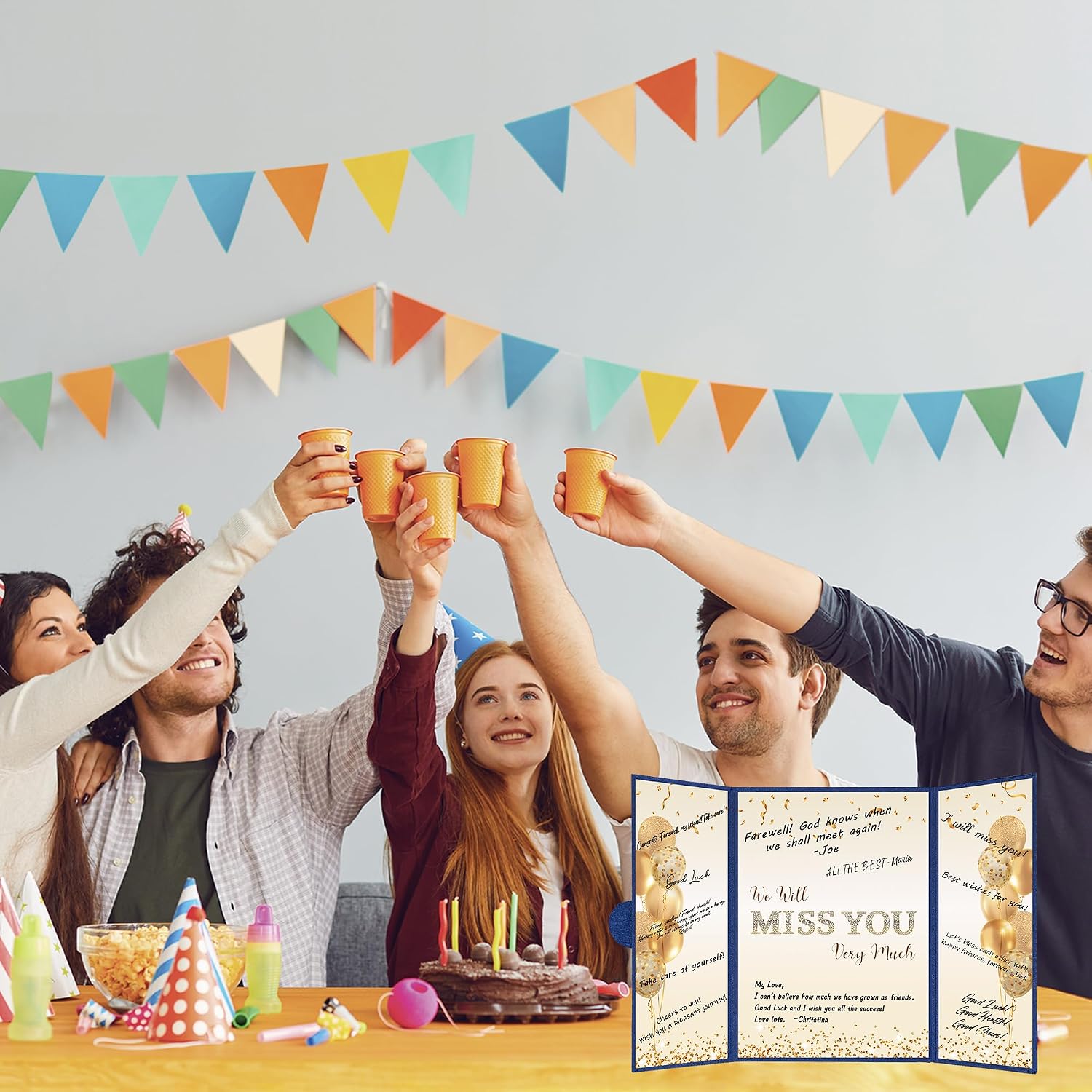 DARUNAXY Blue Gold Farewell Party Decorations, We Will Miss You Very Much Alternative Signature Guest Book for Men Women Going Away Gifts Signing Card Board for Retirement Graduation Party Supplies