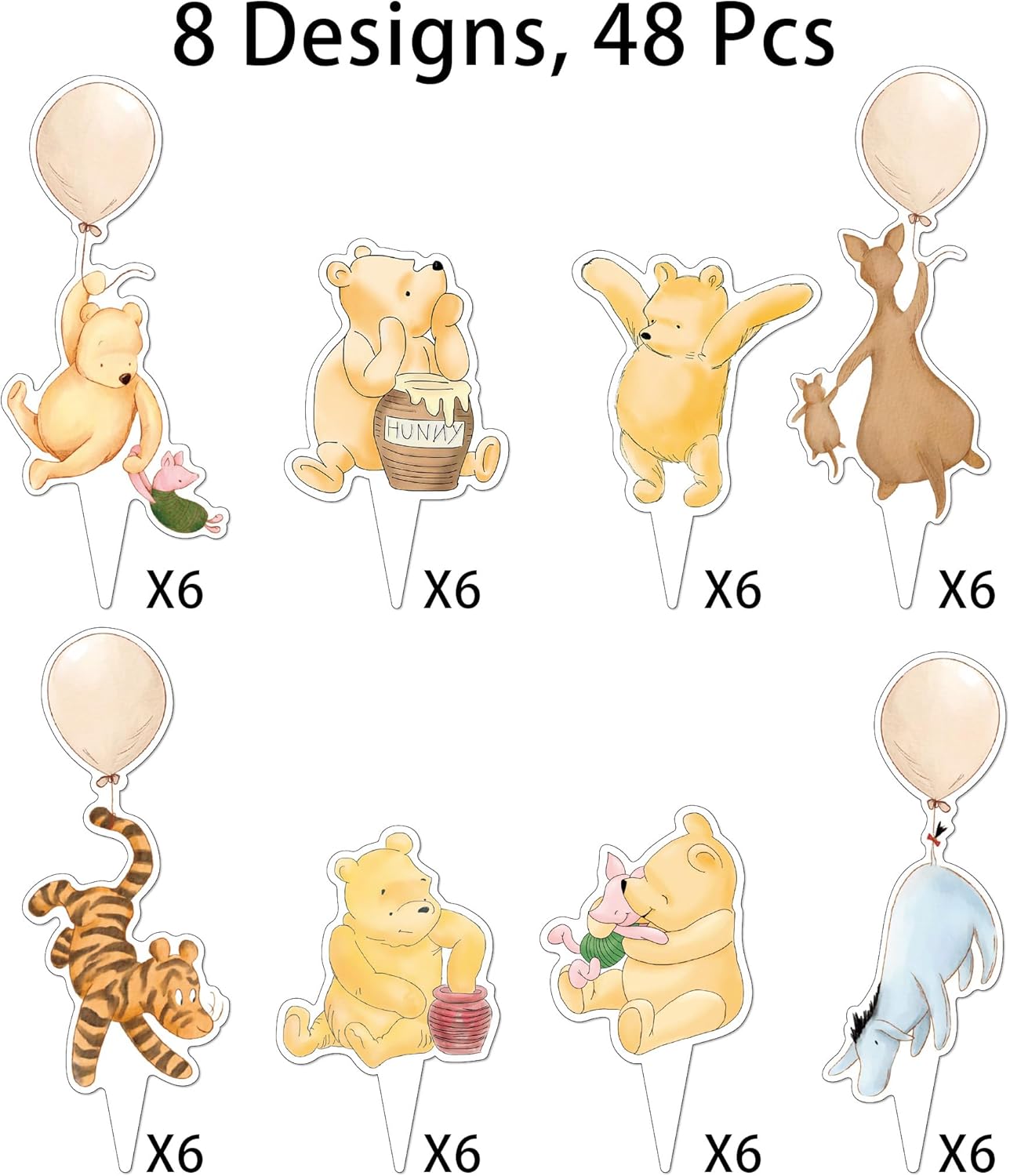 48 Pcs Winnie Cupcake Toppers Classic Pooh Baby Shower Decorations Cute Cake Decorations Oh Baby Newborn Party Favors Boys and Girls First Birthday Supplies