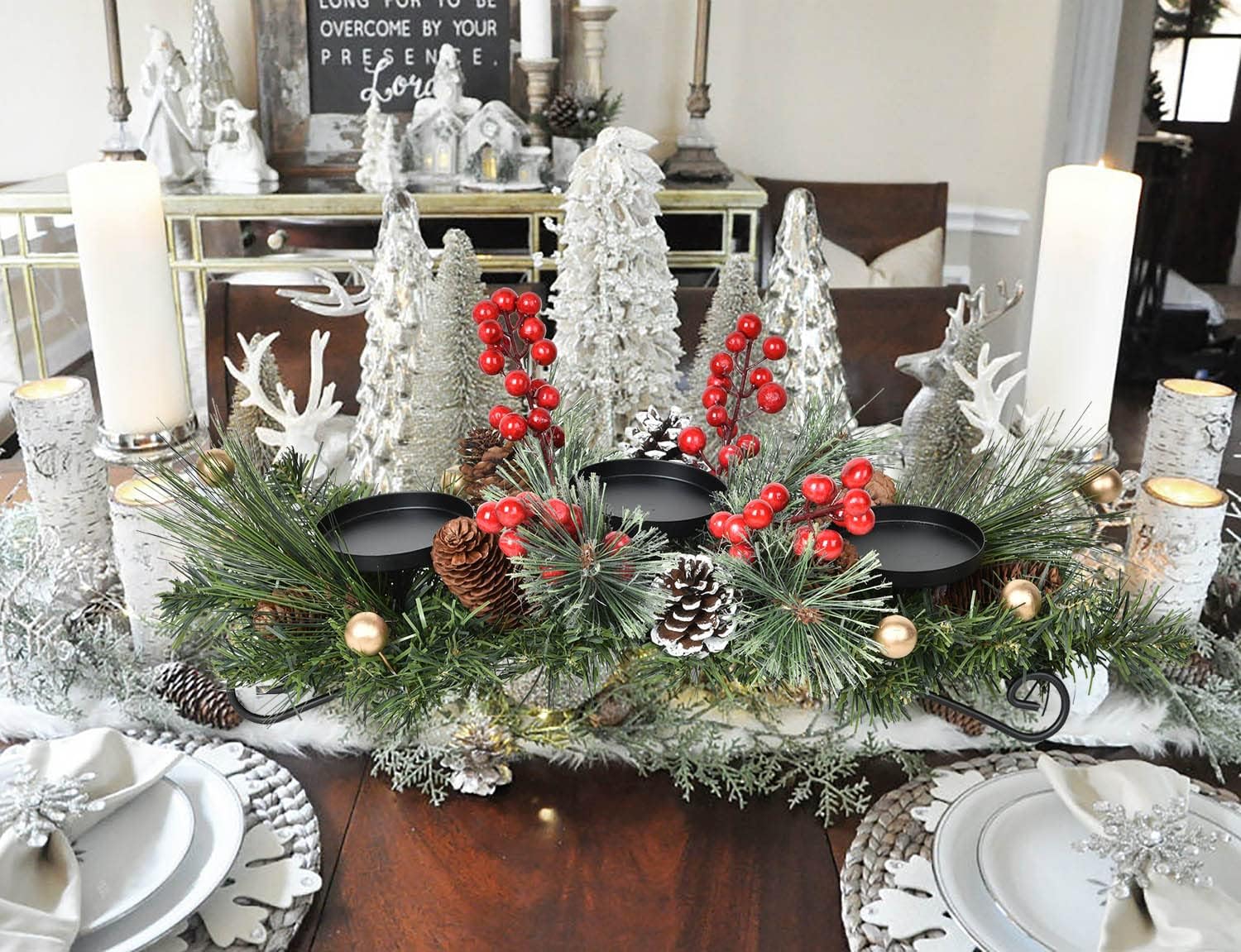 Lvydec Christmas Candle Holder Centerpiece - Pine Cones and Red Berry Table Centerpiece with 3 Candle Holders for Festival Table Home Decoration