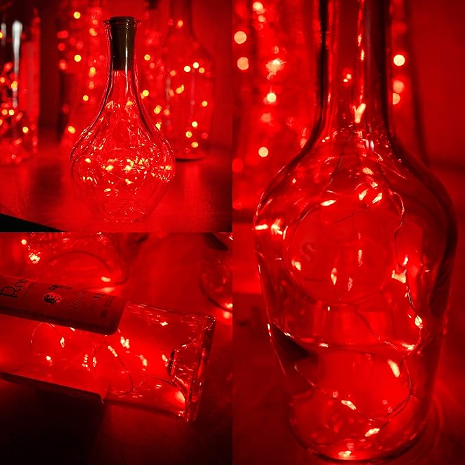 Wine Bottle Lights with Cork, Battery Operated 20 LED Cork Shape Silver Wire Colorful Fairy Mini String Lights(No Bottles) for DIY, Party, Decor, Christmas, Halloween,Wedding (3, Red)