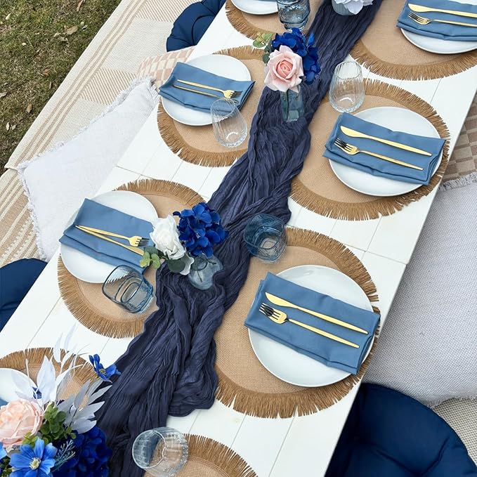 6 Pack Navy Blue Cheesecloth Table Runner Summer 10FT Sheer Navy Cheese Cloth Table Runners Boho Gauze 120 Inches Summer Table Decorations for Wedding Bridal Baby Shower Tea Party Decor