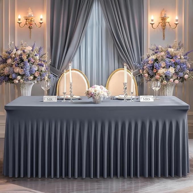 Wish Care 2 Pack Gray Spandex Table Clothes for 6 Foot Rectangle Tables, 6FT Wrinkle Free Fitted Tablecloths Ruffles Design Table Cover for Party, Banquet, Wedding and Events