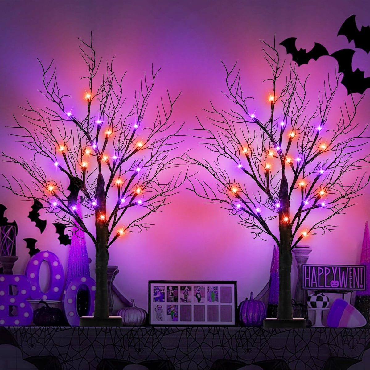 [Timer] 2 Pack Halloween Decorations Indoor, 24 Inch Halloween Tree with 24 O...