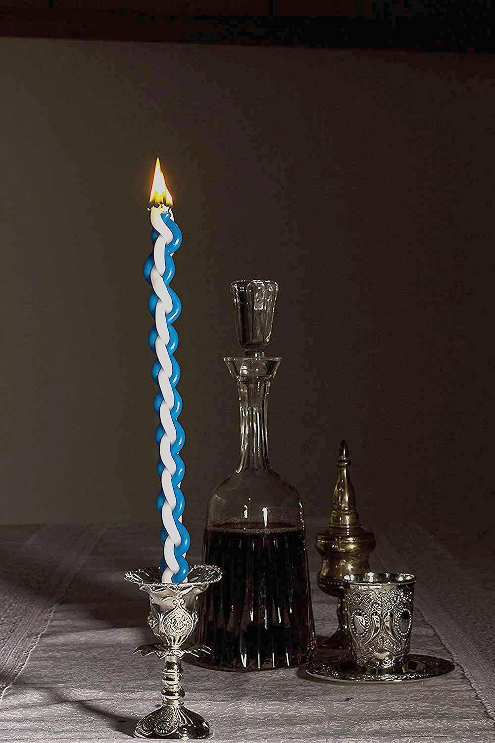 Ner Mitzvah Braided Havdalah Candle - 2-Pack - Round Blue and White Paraffin Wax - Handcrafted Havdallah Candle - Shabbat Judaica Gift