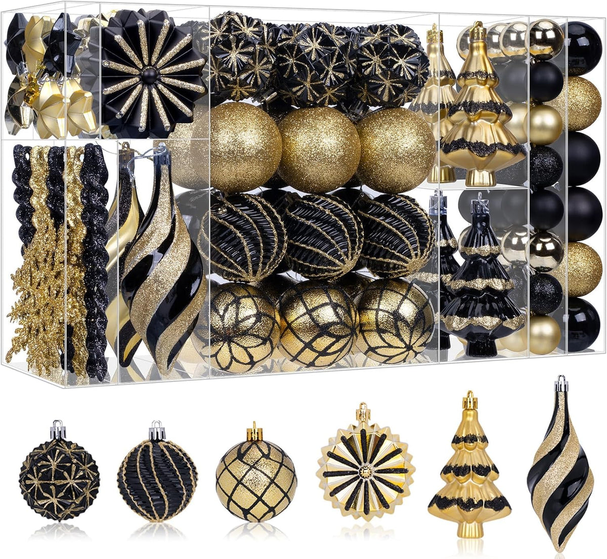 christmas ball ornaments set, black and gold shatterproof, main product view