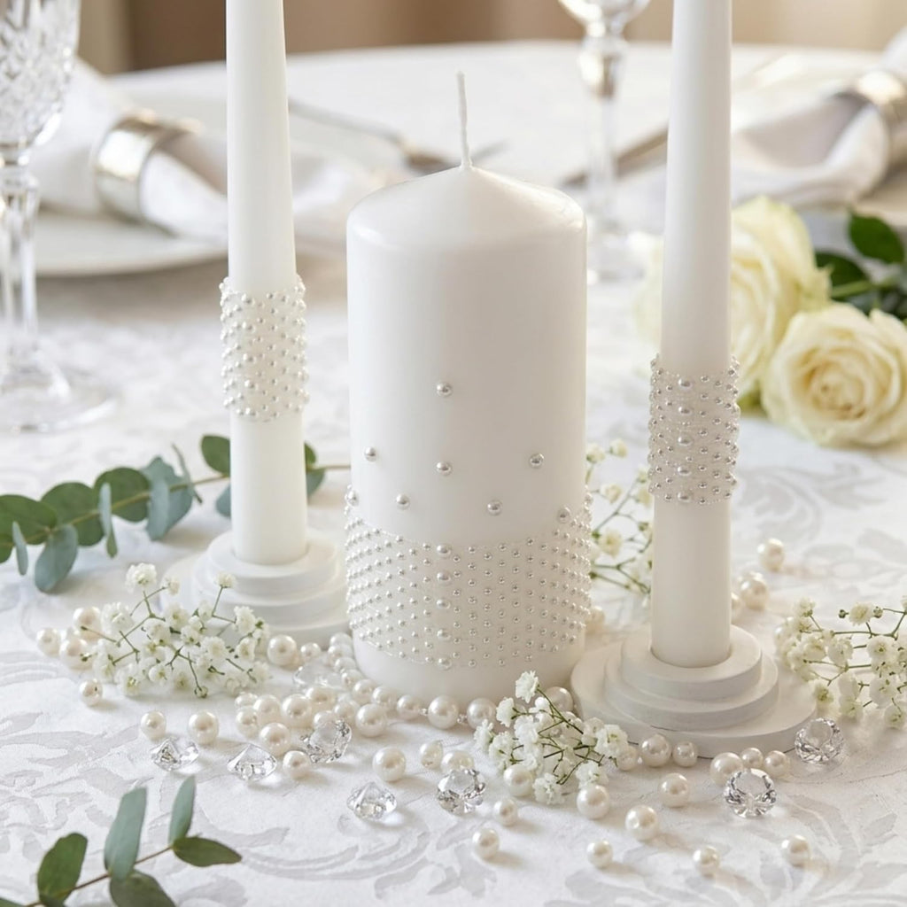 Unity Candle Set - Wedding Ceremony & Reception Candle– 6” Pillar & Two 10” Taper Candles – Long Burning Unity Candles for Marriage Ritual – Handmade in USA – White |Pearls| Luxury