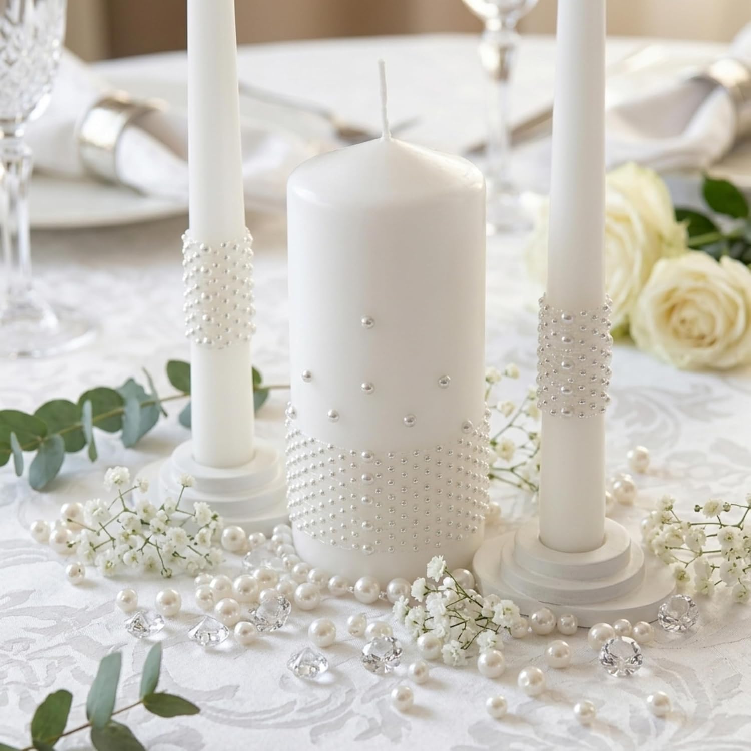 Unity Candle Set - Wedding Ceremony & Reception Candle– 6” Pillar & Two 10” Taper Candles – Long Burning Unity Candles for Marriage Ritual – Handmade in USA – White |Pearls| Luxury