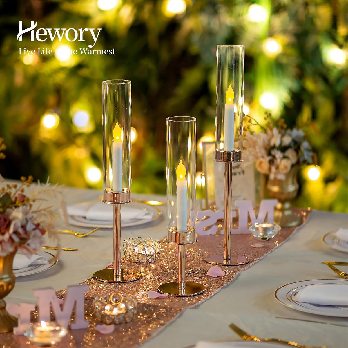 Hewory Gold Candlestick Holders: 6PCS Cylinder Glass Hurricane for Tapers