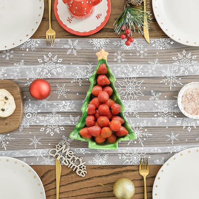 Artoid Mode Silver Snowflakes Christmas Gauze Table Runner 120 Inch 10FT, Seasonal Sheer Winter Kitchen Dining Holiday Wedding Table Decor for Home Party