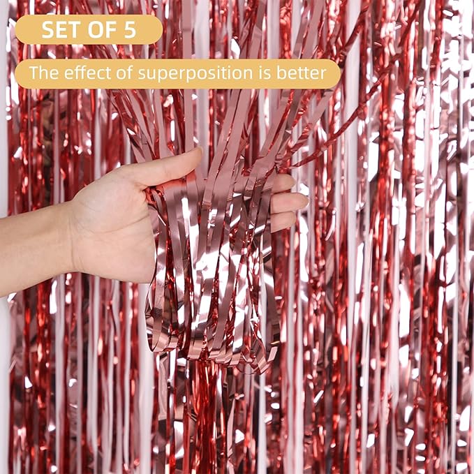5 Pack Rose Gold Fringe Backdrop 3.2ft x 8.2ft Foil Curtain Tinsel Fringe Curtains for Birthday Party Decoration Wedding Christmas Decoration