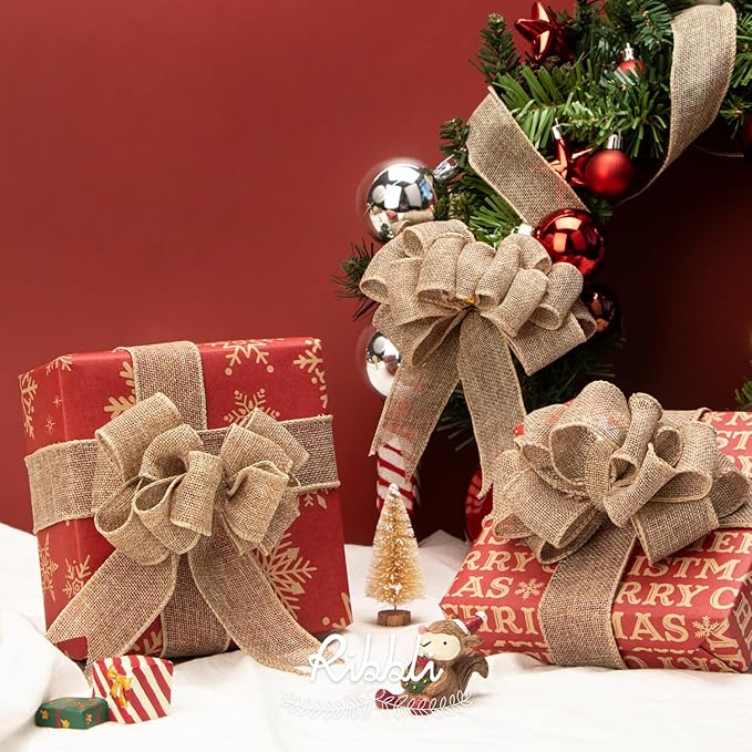 Ribbli Burlap Ribbon Continuous 20 Yard 1.5 Inch Natural Wired Ribbon for Wreaths,Big Bows,Tree Decoration,Outdoor Decoration