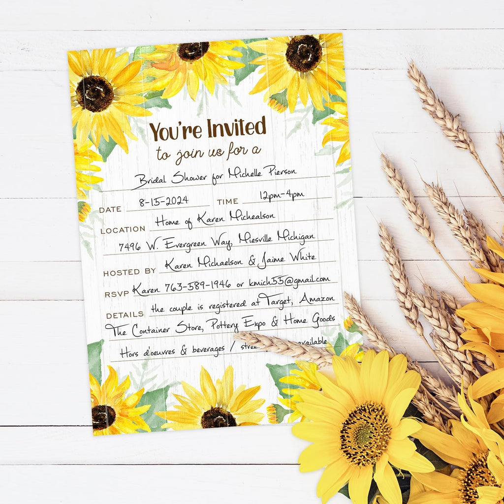 Canopy Street Sunflower Fill In Invitations / 25 Single Sided All Occasion Invites With White Envelopes / 5" x 7" Flat Rustic Floral Invite/Made In The USA
