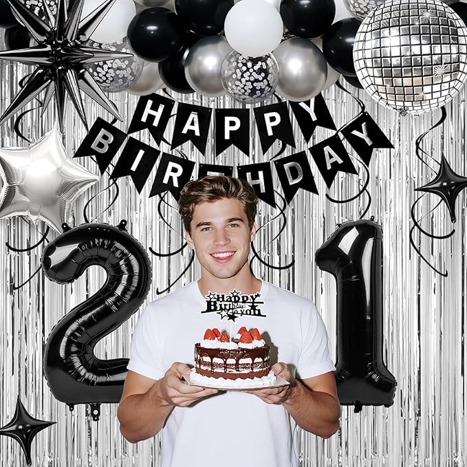 21st Birthday Decorations for Men Women, Black Silver Happy Birthday Party Decorations， 21 Year Old Party Supplies with Number 21 Balloons, Banner, Fringe Curtains Kit