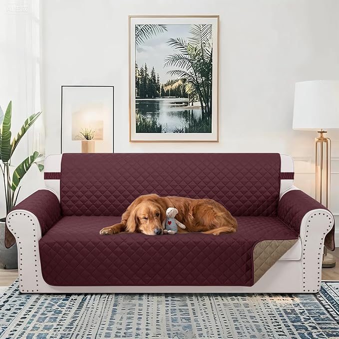 Reversible 4 Seater Sofa Cover 91 Inch Large Couch Cover Furniture Protector(Sofa XX-Large,Burgundy/Camel)