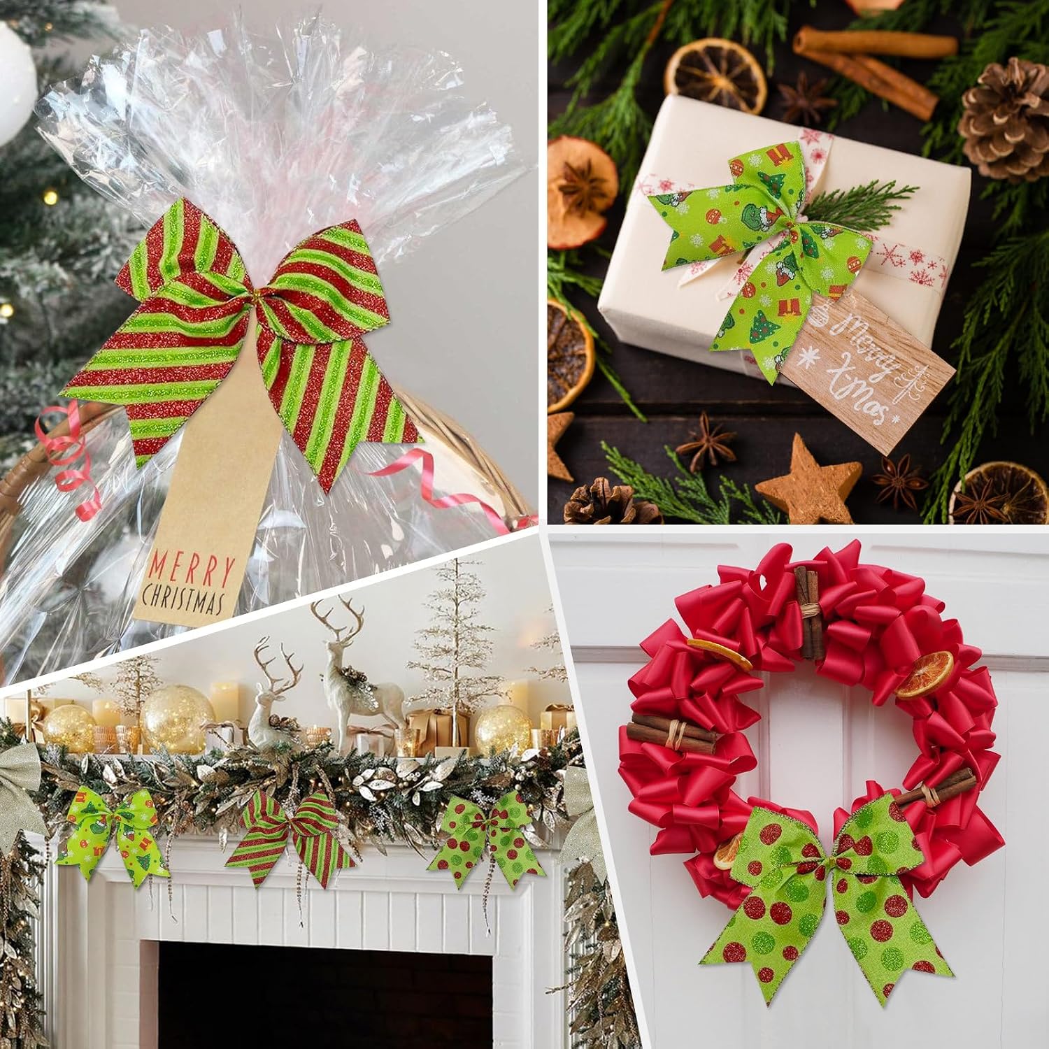 12 Pcs Grinch Bows Decoration, 6 Inch Large Christmas Bows for Tree Gift Wrapping Wreaths Garland, Glitter Decor Holiday Party Crafts Xmas Tree Ribbon Ornaments(Grinch Style)