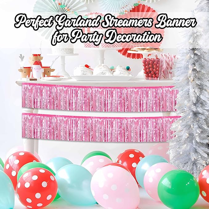 4 Pack 10 Ft Pink Foil Fringe Garland Metallic Streamers Tinsel Banner Wall Hanging Garland Backdrop for Parade Floats, Halloween, Christmas, Thanksgiving, New Year Party Decorations