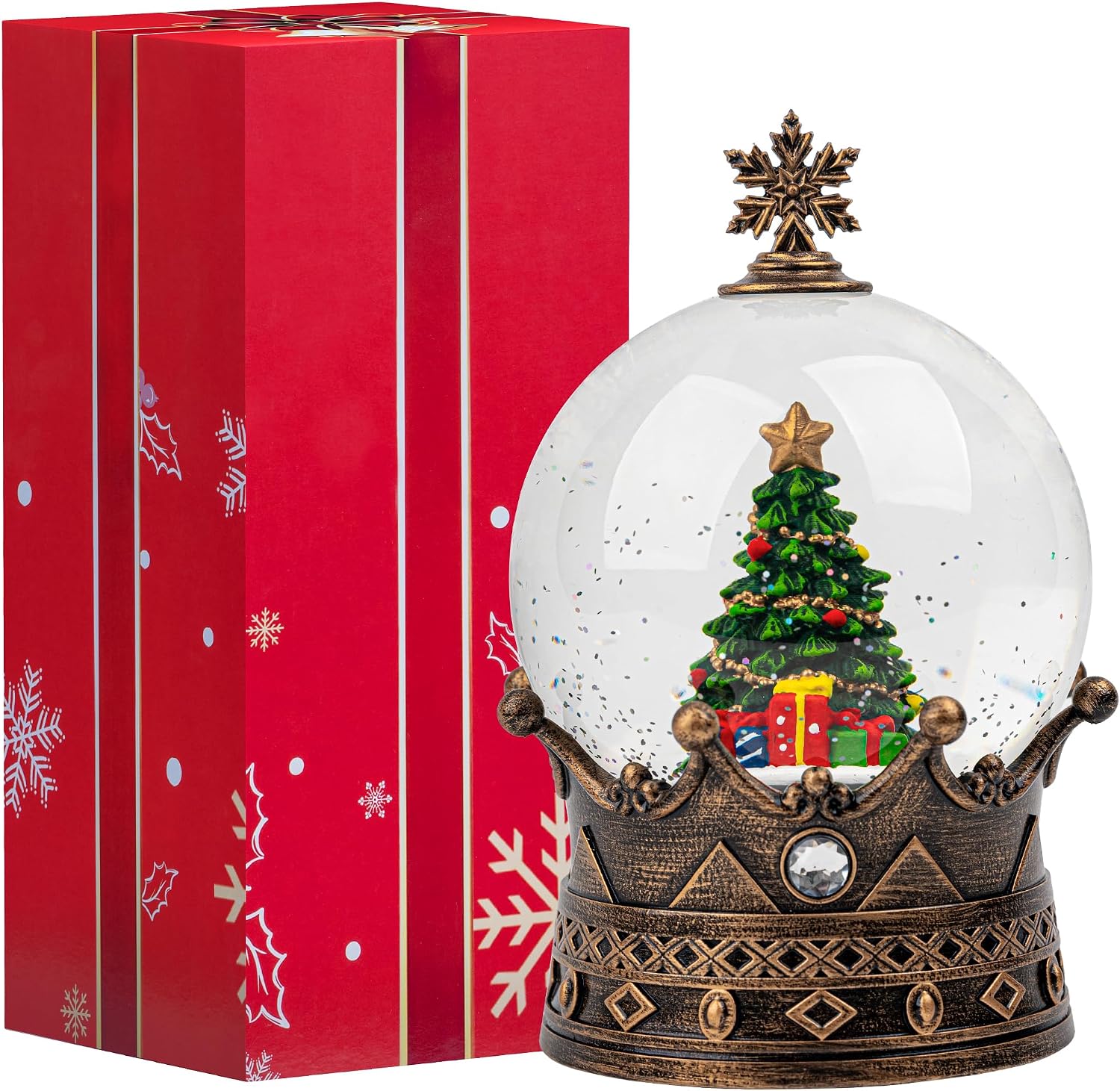 Snow Globe Lighted Christmas Decorations, Christmas Tree Musical Crown Snow Globe with Swirling Glitter, Christmas Holiday Party Gifts and Decorations