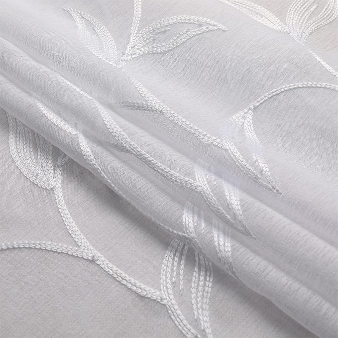 VISIONTEX Sheer Curtains 54 inch Length 2 Panels Set, White Voile Crushed Vine Leaves Embroidery, Rod Pocket Embroidered Window Drapes for Living Room and Bedroom, 54" x 54"
