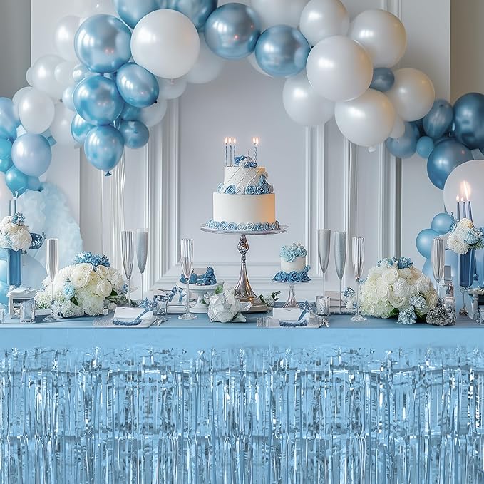 2 Pack Light Blue Lake Blue Table Skirts, 29x108" Metallic Foil Tinsel Fringe Table Skirt for Rectangle Tables Streamer Curtains Backdrop, Party Decorations for Birthdays, Weddings, Holidays