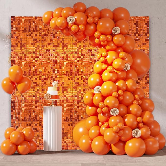 24PCS Orange Shimmer Wall Backdrop, Laser Square Sequin Photo Backdrops Panel, Glitter Wall Background for Birthdays, Weddings, Halloween, Engagements, Disco Bachelorette Party Decoration (4FTx6FT)