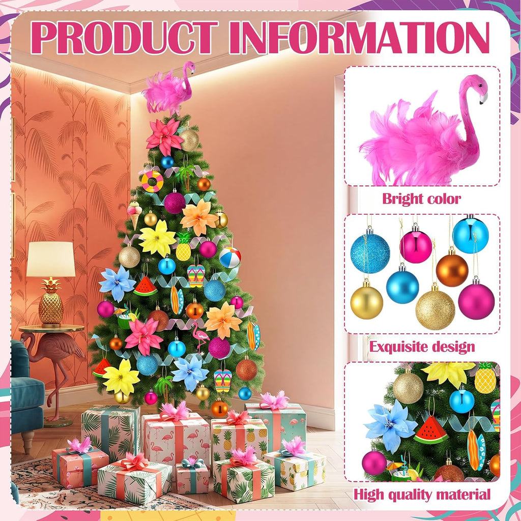 Seenelling 65 Pcs Summer Christmas Tree Ornaments, Tropical Flamingo Decor | Pink Flamingo Topper, Wooden Hangers, Faux Flowers, Ribbon, Luau Beach Party, Christmas in July