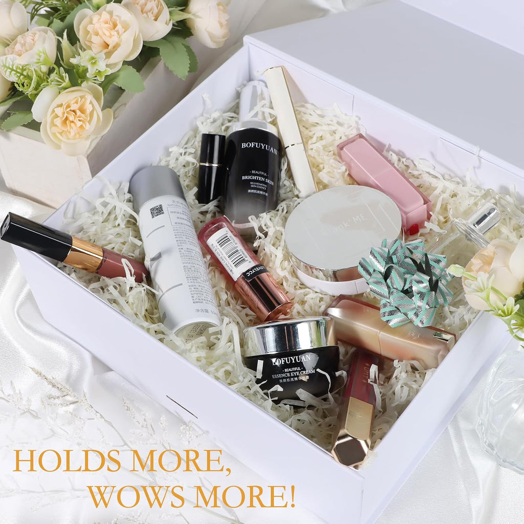 LFBOX White Gift Box with Ribbon Magnetic Lids 1 Pack | Large Gift Boxes Bridesmaid Groomsman Proposal Boxes, 10.2x9x3.74 in, Collapsible Wedding Storage Box