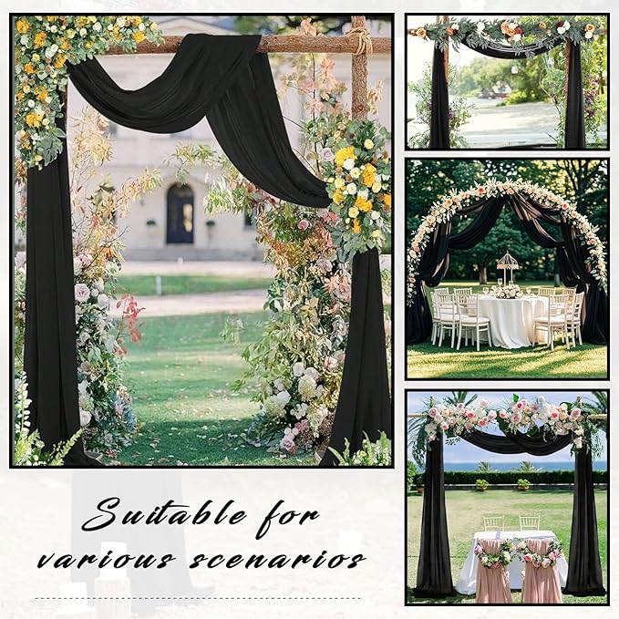 20Ft Length x 28" Width 4 Panels Wedding Arch Draping Fabric Black Arch Drapes Chiffon Fabric Sheer Curtains Backdrop for Party Decor Wedding Bridal Ceremony Ceiling Stage Reception Decorations