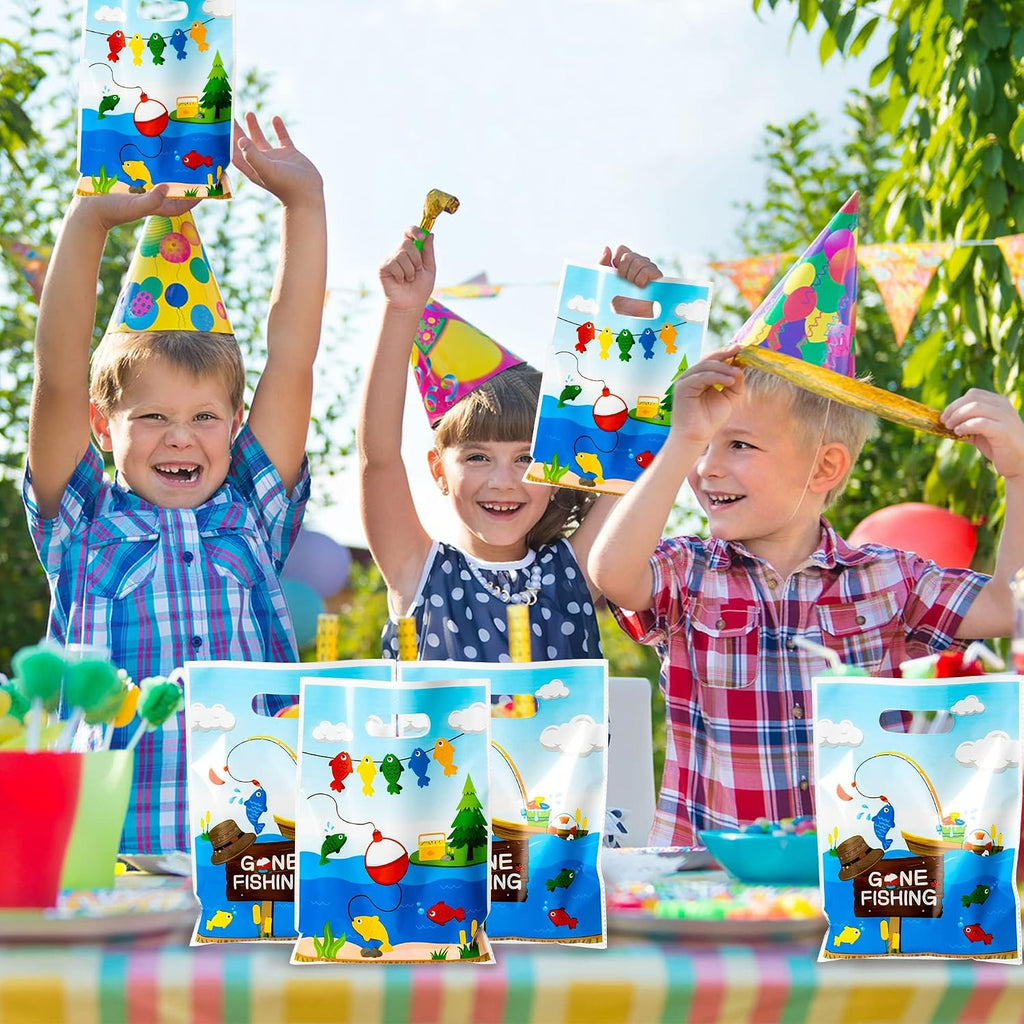 50Pcs Little Fisherman 1st Birthday Party Bags Gone Fishing Goody Candy Treat Plastic Gifts Bags Gone Fishing The Big One Birthday Party Decorations Supplies Decor for Kids