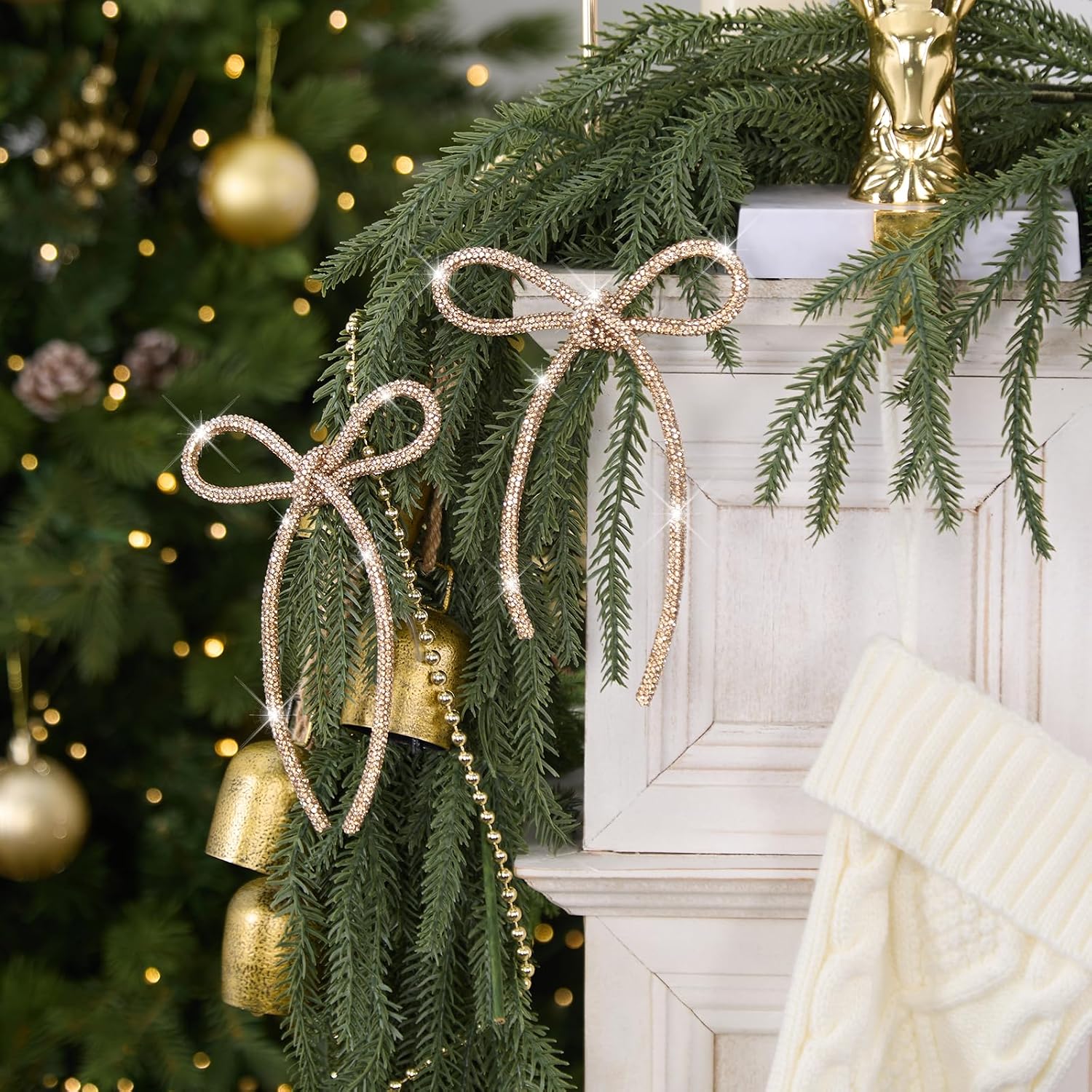 6 Pcs 2026 Christmas Bows Ornaments, Champagne Gold Sparkly Glitter Rhinestone Bow Ornaments with Twist Tie for Xmas Tree Decoration, Wreath, Garland, Gift Wrapping