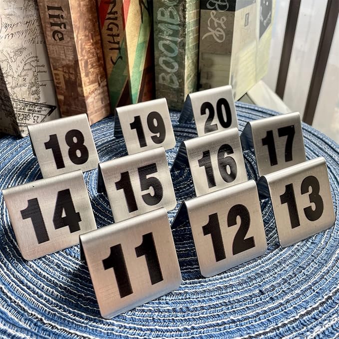 10 Pcs Metal Place Cards Stackable Tent Style Table Numbers，Place Card Holders for Celebration Wedding Party Restaurants Cafes Bars Gatherings meeting Room Board Game Serial (Small 11-20, Black)