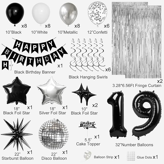 19th Birthday Decorations for Boys Men, Black Silver Happy Birthday Party Decorations， 19 Year Old Party Supplies with Number 19 Balloons, Banner, Fringe Curtains Kit
