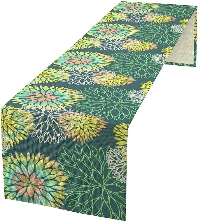 Green Dahlia Flower Table Runner, Linen Geometric Pattern Floral Table Decor Spring Farmhouse Decorations for Kitchen Dining Holiday Party Decor, 13x90 Inch