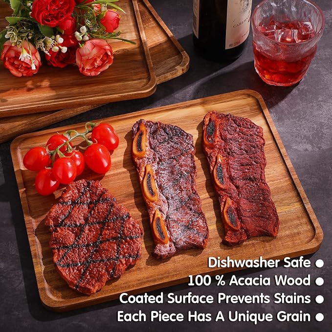 Roowest 5 Pack Solid Acacia Wood Serving Trays for Laser Engraving Rectangular Wooden Board for Food Appetizer Serving Tray Plates for Vegetables Fruit Cheese Housewarming Gifts(13 x 9 Inch)