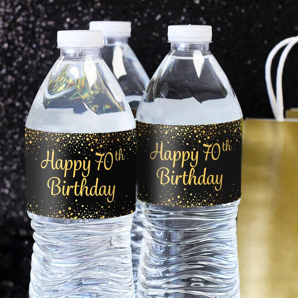 70th Birthday Party Water Bottle Labels – Black & Gold Birthday Decorations, 20 Stickers