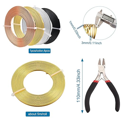 Fashewelry 65Ft 4 Colors Aluminum Flat Wire 3mm Wide Bendable Metal Craft Wire Strip 18 Gauge with Side Cutting Plier for Bezel Sculpting Armature Jewelry Making Gem Metal Wrap