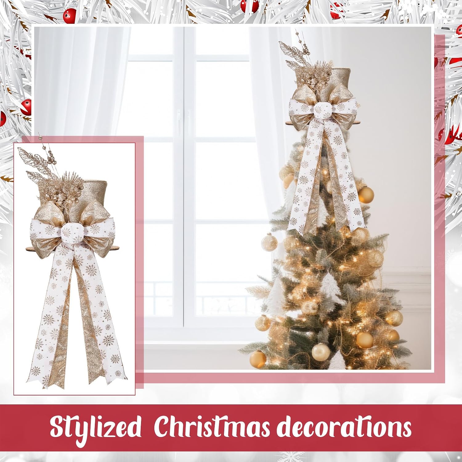 Poen Christmas Tree Topper Hat Shiny Sequins Top Hat with Bow Lengthened Ribbon Tree Topper Santa Christmas Decorations for Xmas Gift Ideas Holiday Winter Party Ornament Supplies(Gold)