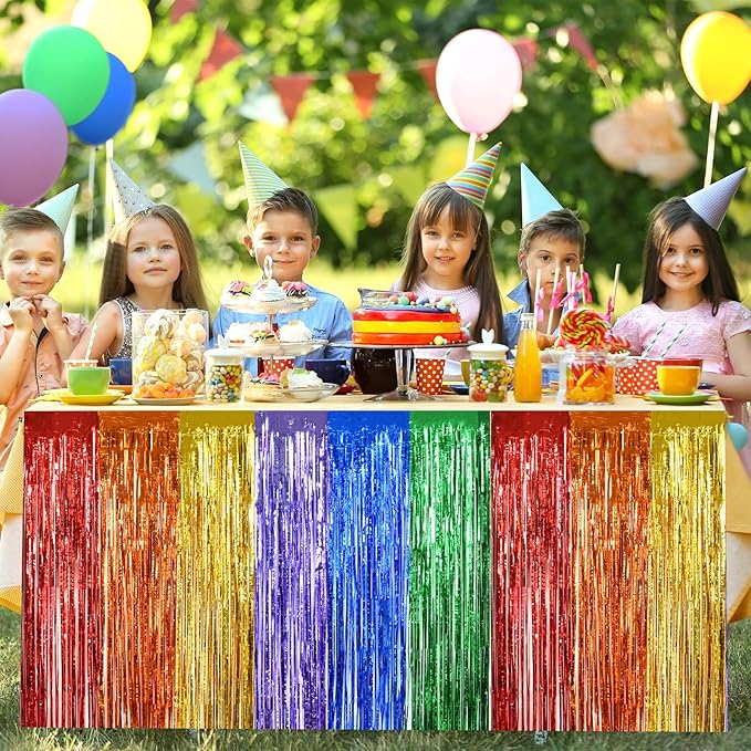 BEISHIDA 2 Pack Rainbow Metallic Tinsel Foil Fringe Table Skirts for Rectangle and Round Tables - Kids' Birthday, Baby Shower, Holiday Party Decor