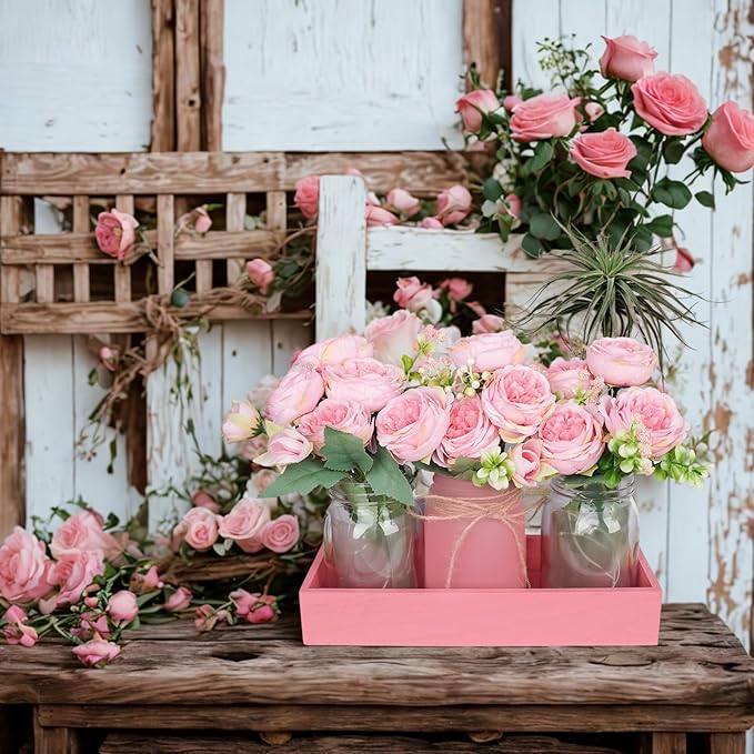 Rustic Pink Mason Jar Centerpiece with Faux Peony Flowers – Floral Decor for Home, Wedding, Kitchen, Table, Office – Farmhouse Tray Vase Set