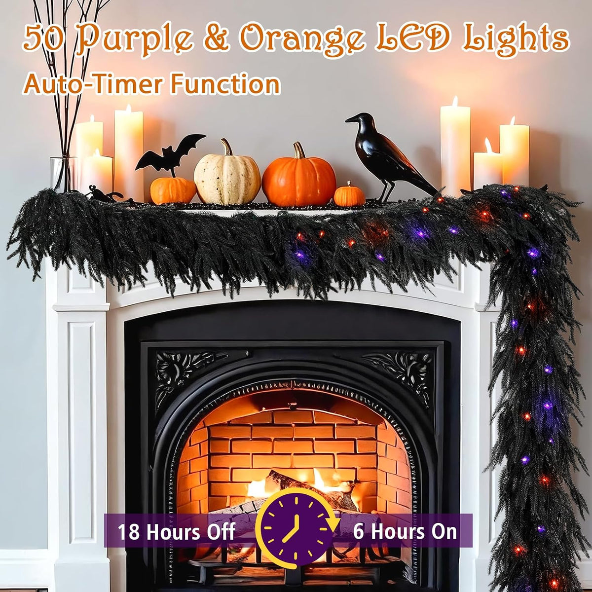 9ft soft touch black norfolk pine halloween garland shown in use