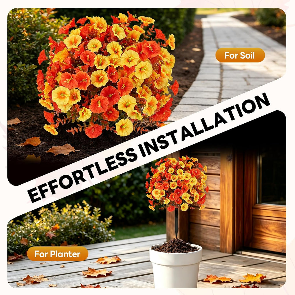 fall artificial flowers for outdoor, faux plants w/stakes, close-up detail