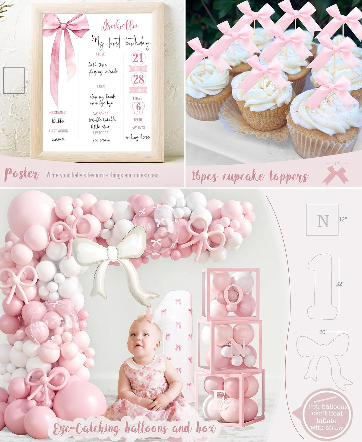 pink bow 1st birthday decorations, first birthday party on a desk or shelf