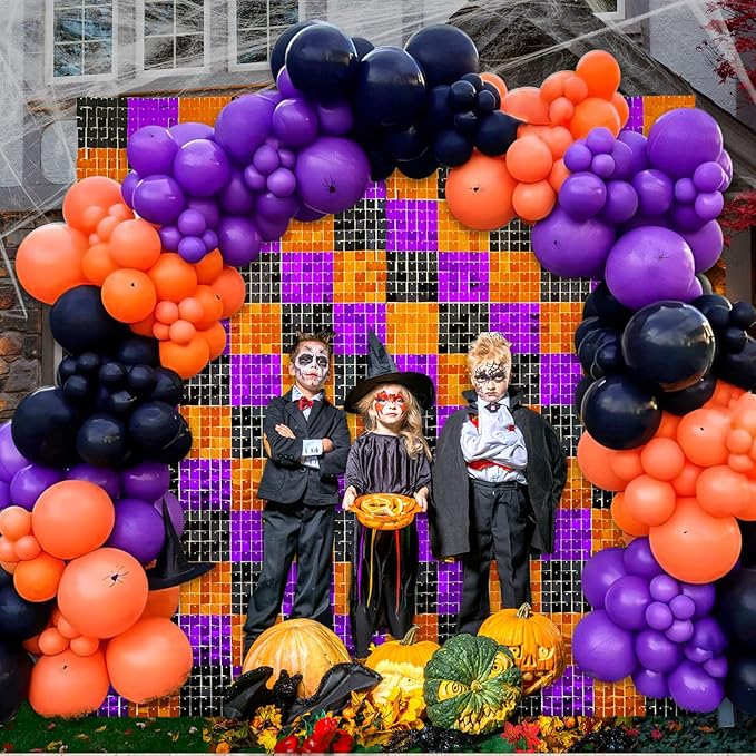 24PCS Black Orange Purple Shimmer Wall Backdrop, Halloween Square Sequin Photo Backdrops Panel, Glitter Wall Background for Birthdays, Weddings, Halloween Party Decor (4FTx6FT)