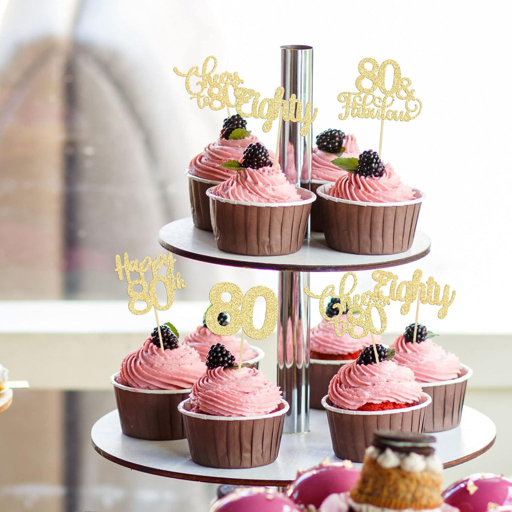 30 Pack Happy 80th Birthday Cupcake Toppers Gold Glitter Eighty Cheers to 80 Years Old Birthday Cupcake Picks for Happy 80th Anniversary Party Cake Decorations