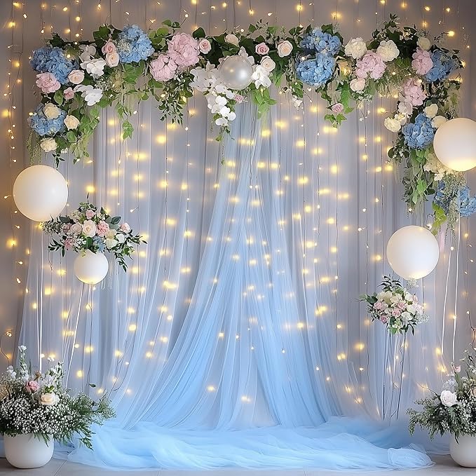 Tulle Backdrop Curtain with Lights String 10FT X 8FT Baby Blue Sheer Tulle Backdrop Curtains for Wedding Birthday Party Reception Photo Booth Background Decorations (2 Panels 5x8FT)