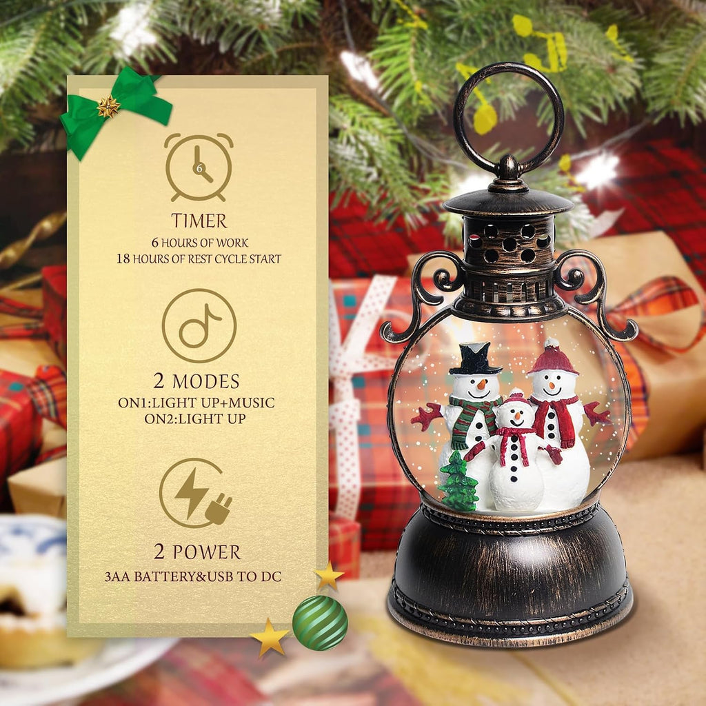 Christmas Snow Globes, Christmas Snowman Snow Globes Lantern with 8 Songs, 6H Timer Battery & USB Powered Glitter Music Box for Christmas Table Decorations Home Decor