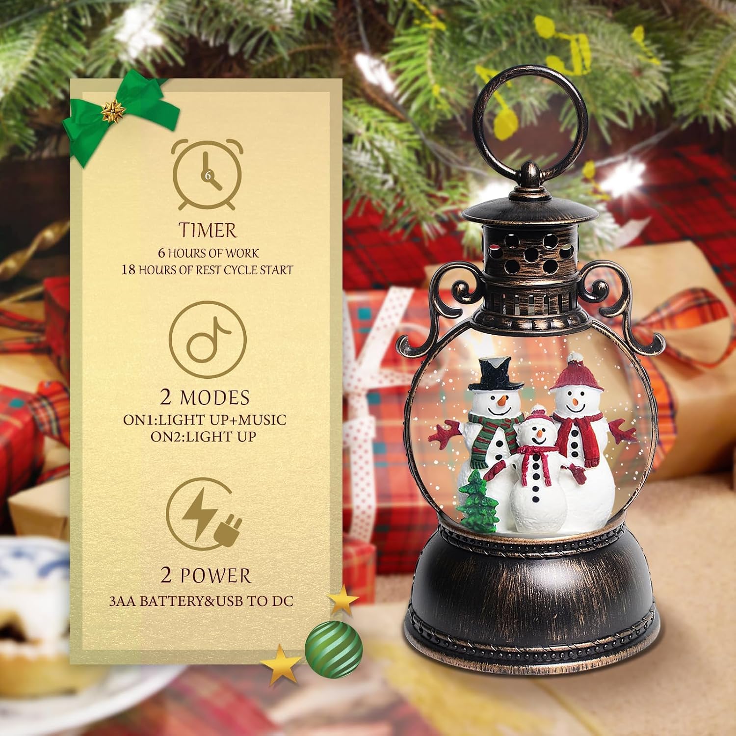Christmas Snow Globes, Christmas Snowman Snow Globes Lantern with 8 Songs, 6H Timer Battery & USB Powered Glitter Music Box for Christmas Table Decorations Home Decor
