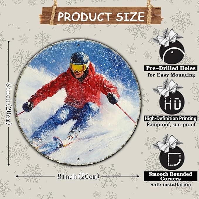Round Ski Vintage Metal Sign Skiing Sign, Office Sign Home Décor Ski Lodge Décor Cabin Tin Sign 8 * 8 in