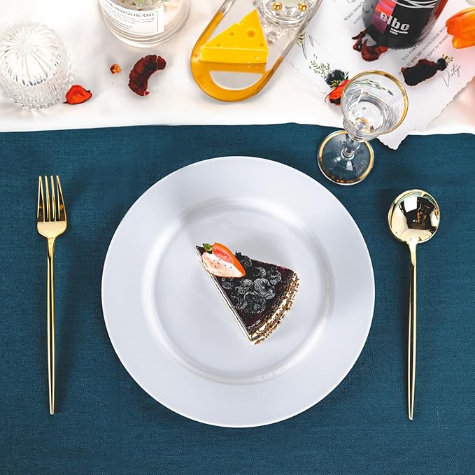 N9R 100PCS White Plastic Plates, 10.25inch Heavy Duty Plastic Disposable Plates, Premium Elegant Dinner Plates for Party