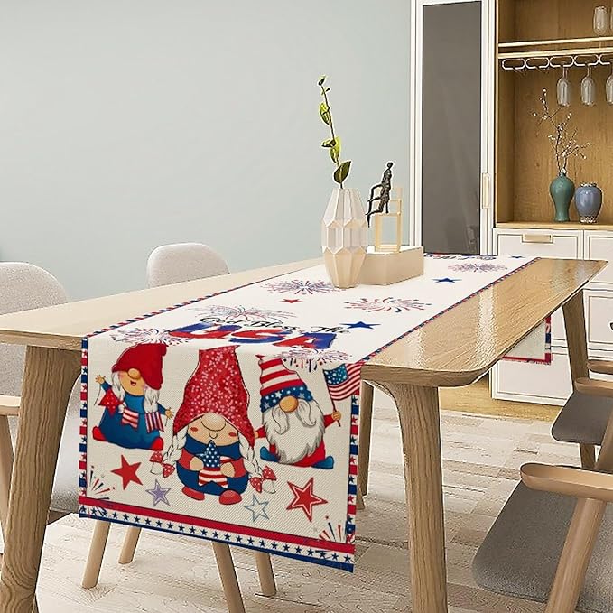 Cute Patriotic Gnomes Table Runner, American Independence Day 4th of July Gnome Blue Red Fireworks Confetti Print Table Runner for Home Kitchen Dining Table Party Decor, 13x70inch